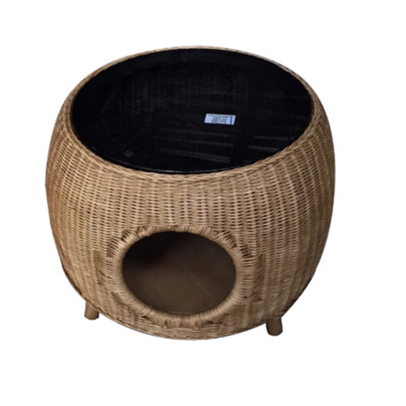 Contemporary Creative Cylindrical PE Rattan Glass Cat Bed Coffee Table 2-Tier For Living Room