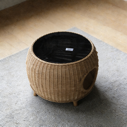 Contemporary Creative Cylindrical PE Rattan Glass Cat Bed Coffee Table 2-Tier For Living Room