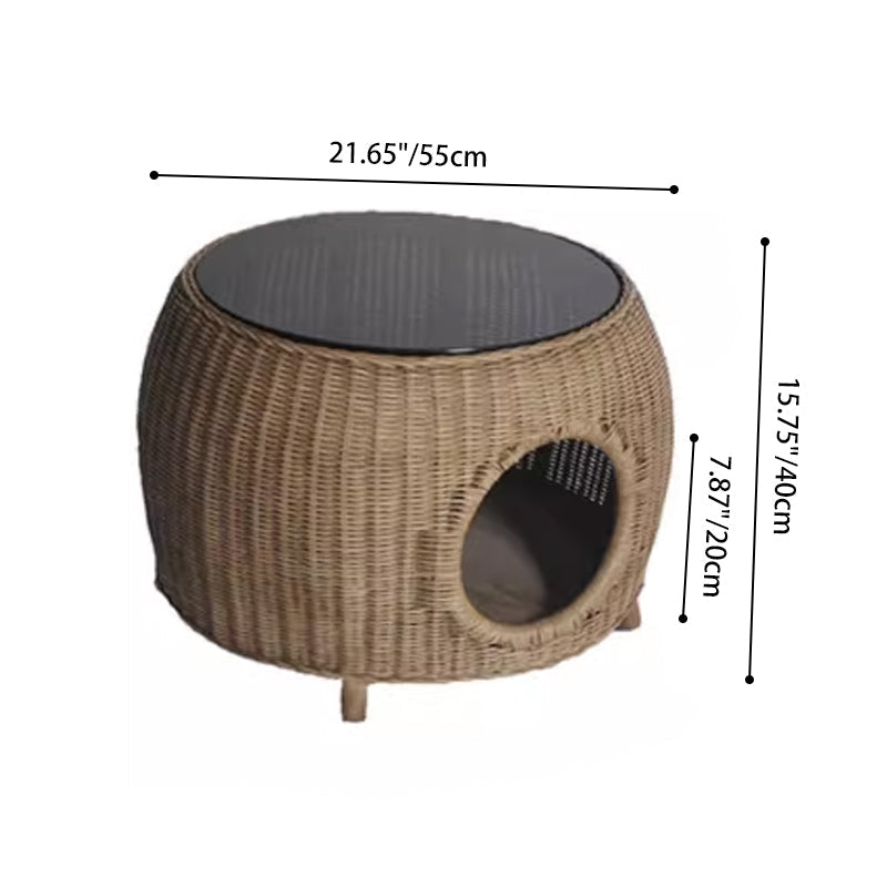Contemporary Creative Cylindrical PE Rattan Glass Cat Bed Coffee Table 2-Tier For Living Room
