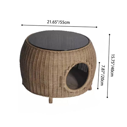 Contemporary Creative Cylindrical PE Rattan Glass Cat Bed Coffee Table 2-Tier For Living Room