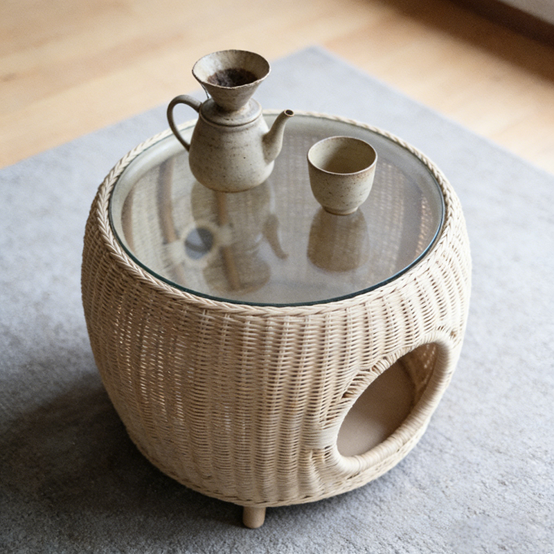 Contemporary Creative Cylindrical PE Rattan Glass Cat Bed Coffee Table 2-Tier For Living Room