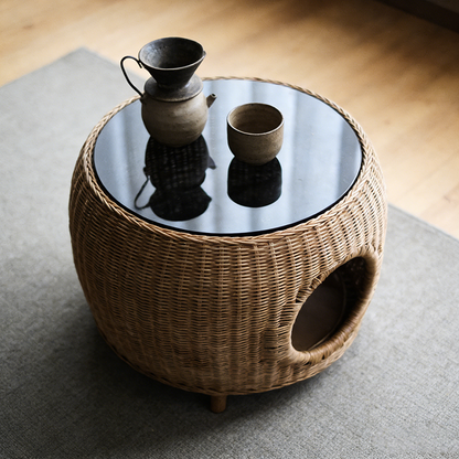 Contemporary Creative Cylindrical PE Rattan Glass Cat Bed Coffee Table 2-Tier For Living Room