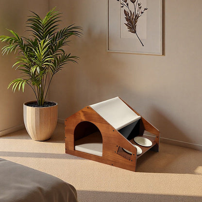 Traditional Chinese House-Shaped Oxford Cloth Pine Wood Acrylic Ceramic Multi-Functional Dog Bed Cat Bed For Bedroom