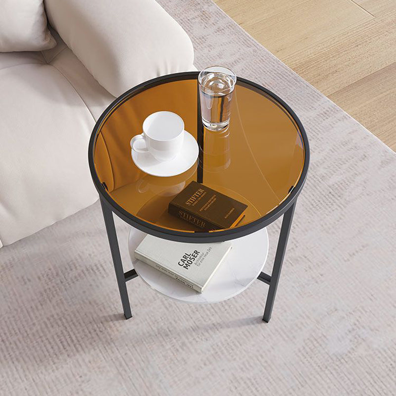 Modern Minimalist Cylindrical Round Glass Stone Slab Iron Side Table 2-Tier For Living Room