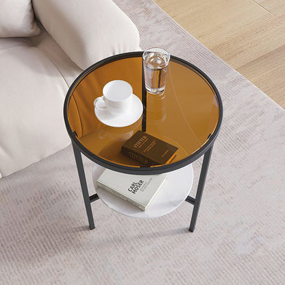Modern Minimalist Cylindrical Round Glass Stone Slab Iron Side Table 2-Tier For Living Room