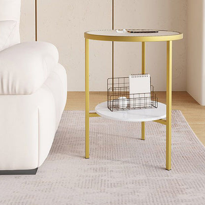 Modern Minimalist Cylindrical Round Glass Stone Slab Iron Side Table 2-Tier For Living Room