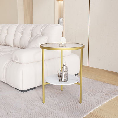 Modern Minimalist Cylindrical Round Glass Stone Slab Iron Side Table 2-Tier For Living Room