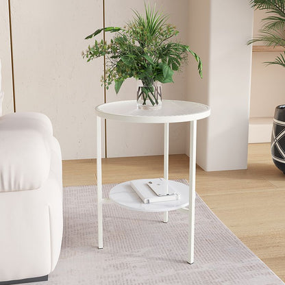 Modern Minimalist Cylindrical Round Glass Stone Slab Iron Side Table 2-Tier For Living Room