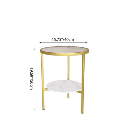 Modern Minimalist Cylindrical Round Glass Stone Slab Iron Side Table 2-Tier For Living Room