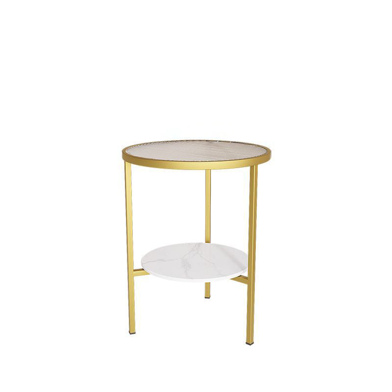 Modern Minimalist Cylindrical Round Glass Stone Slab Iron Side Table 2-Tier For Living Room