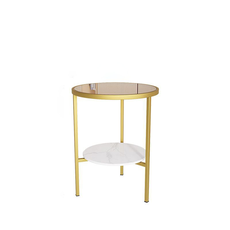 Modern Minimalist Cylindrical Round Glass Stone Slab Iron Side Table 2-Tier For Living Room