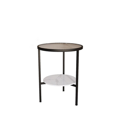 Modern Minimalist Cylindrical Round Glass Stone Slab Iron Side Table 2-Tier For Living Room