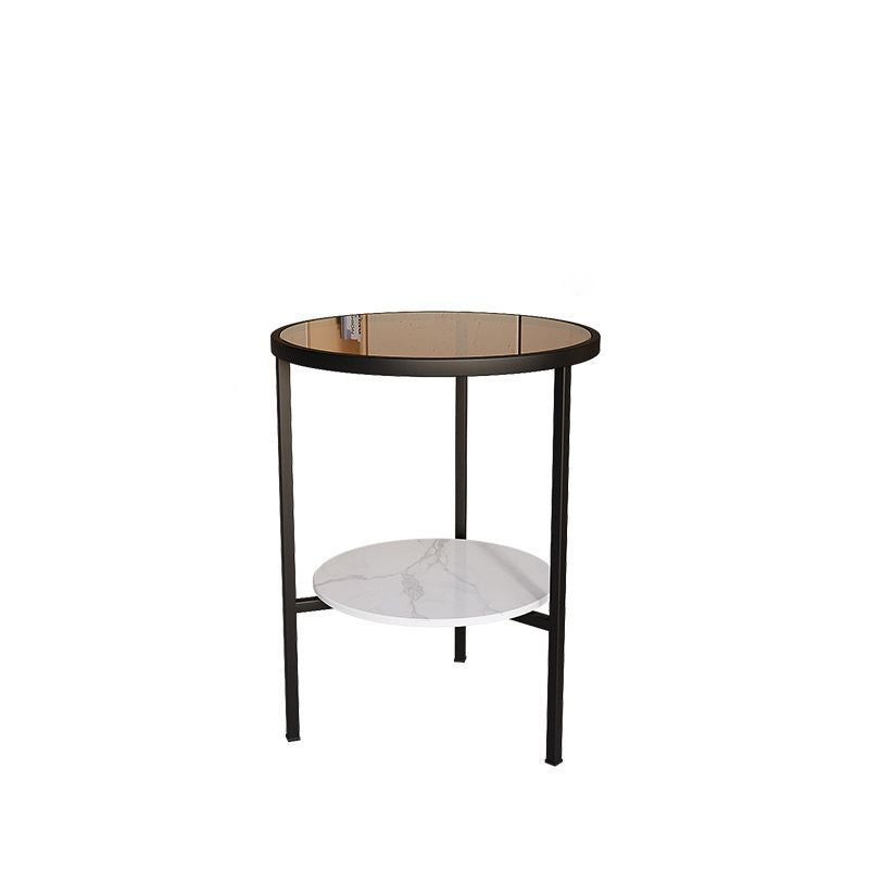 Modern Minimalist Cylindrical Round Glass Stone Slab Iron Side Table 2-Tier For Living Room