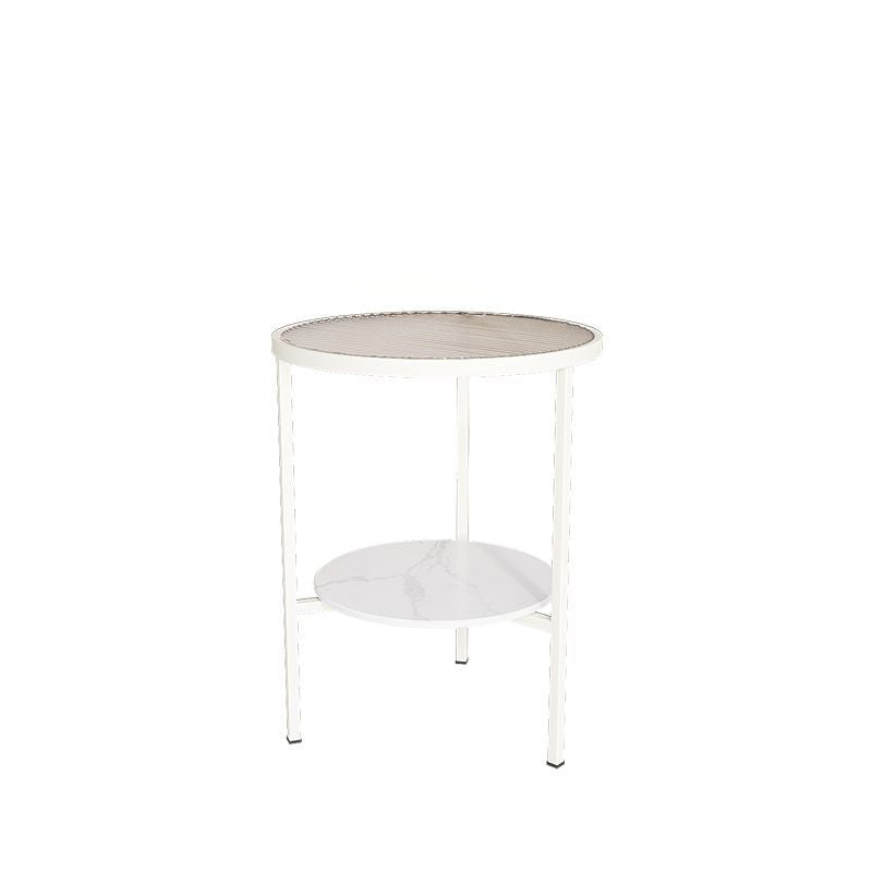 Modern Minimalist Cylindrical Round Glass Stone Slab Iron Side Table 2-Tier For Living Room