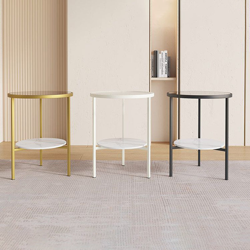 Modern Minimalist Cylindrical Round Glass Stone Slab Iron Side Table 2-Tier For Living Room