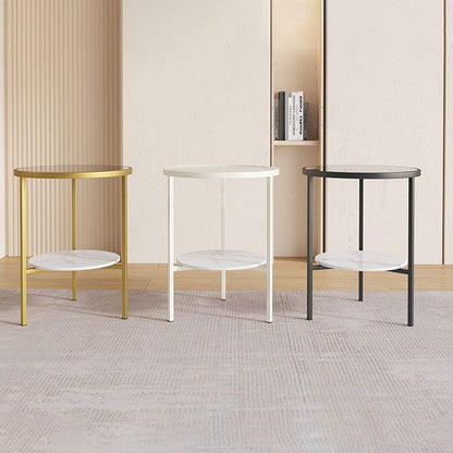 Modern Minimalist Cylindrical Round Glass Stone Slab Iron Side Table 2-Tier For Living Room