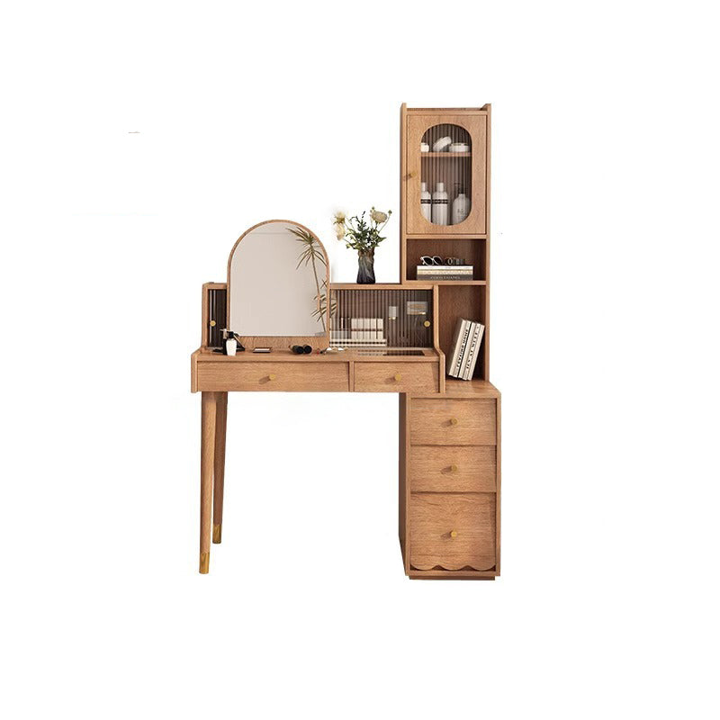 Contemporary Nordic Rectangular Solid Wood Plywood Rubberwood Acrylic Tempered Glass Extendable Makeup Vanity 5-Drawer For Bedroom