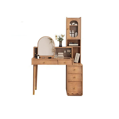 Contemporary Nordic Rectangular Solid Wood Plywood Rubberwood Acrylic Tempered Glass Extendable Makeup Vanity 5-Drawer For Bedroom