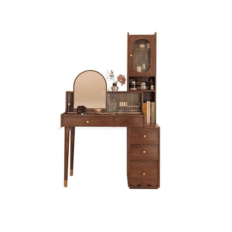 Contemporary Nordic Rectangular Solid Wood Plywood Rubberwood Acrylic Tempered Glass Extendable Makeup Vanity 5-Drawer For Bedroom