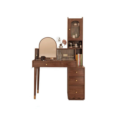 Contemporary Nordic Rectangular Solid Wood Plywood Rubberwood Acrylic Tempered Glass Extendable Makeup Vanity 5-Drawer For Bedroom