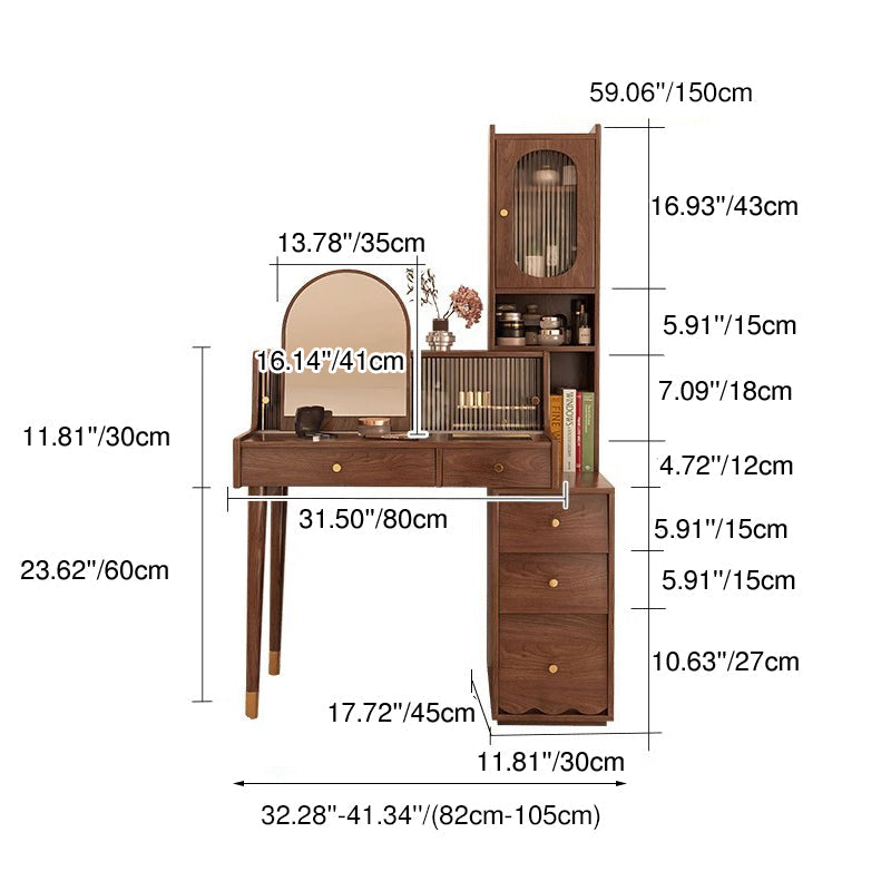 Contemporary Nordic Rectangular Solid Wood Plywood Rubberwood Acrylic Tempered Glass Extendable Makeup Vanity 5-Drawer For Bedroom