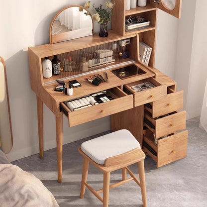 Contemporary Nordic Rectangular Solid Wood Plywood Rubberwood Acrylic Tempered Glass Extendable Makeup Vanity 5-Drawer For Bedroom