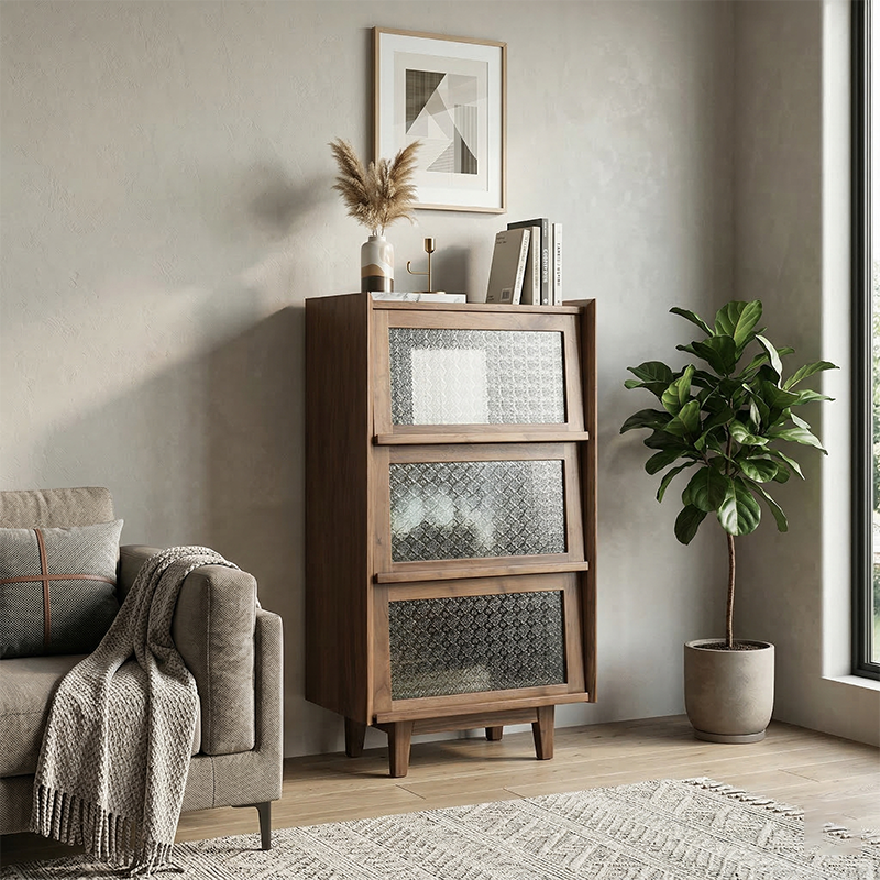 Modern Minimalist Rectangular Solid North American Black Walnut Wood Glass Storage Cabinet 3-Storage For Living Room
