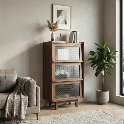 Modern Minimalist Rectangular Solid North American Black Walnut Wood Glass Storage Cabinet 3-Storage For Living Room
