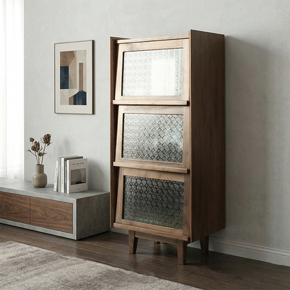Modern Minimalist Rectangular Solid North American Black Walnut Wood Glass Storage Cabinet 3-Storage For Living Room