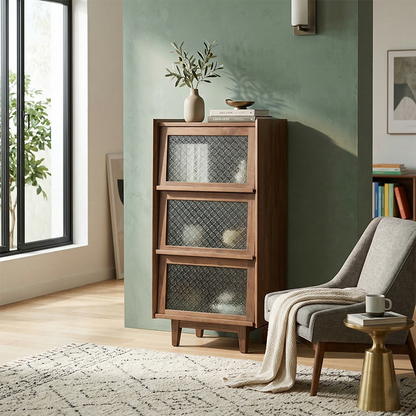 Modern Minimalist Rectangular Solid North American Black Walnut Wood Glass Storage Cabinet 3-Storage For Living Room