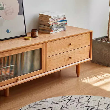Contemporary Nordic Rectangular Solid Cherry Wood Glass TV Stand 4-Drawer For Living Room
