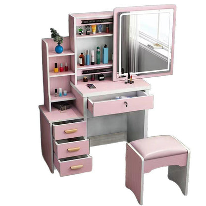 Modern Minimalist Rectangular Medium Density Fiberboard Glass Makeup Vanity 4-Drawer For Bedroom