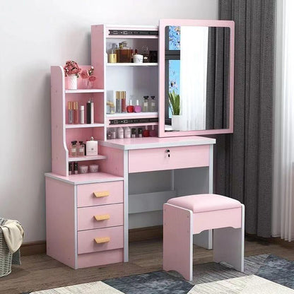 Modern Minimalist Rectangular Medium Density Fiberboard Glass Makeup Vanity 4-Drawer For Bedroom