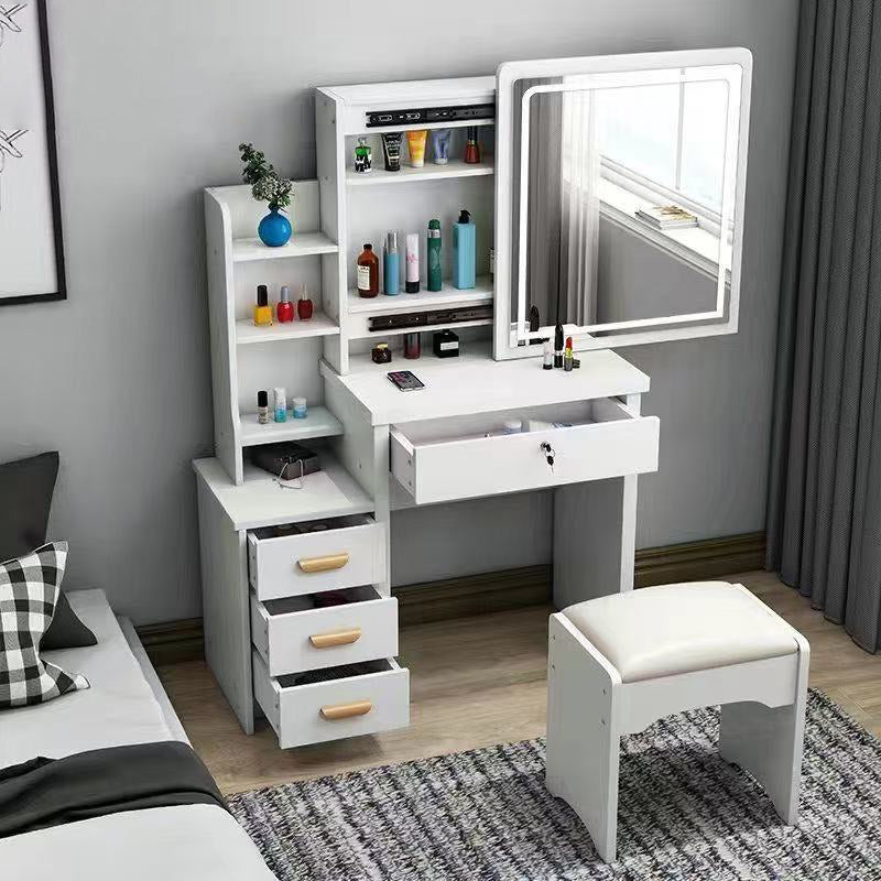 Modern Minimalist Rectangular Medium Density Fiberboard Glass Makeup Vanity 4-Drawer For Bedroom