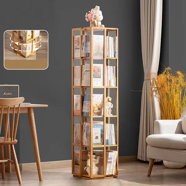Modern Minimalist Rectangular Nanmu Bamboo Composite Board ABS Acrylic Rotating Bookshelf 4/5/6 Tier For Home & Office