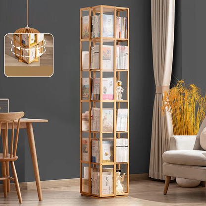 Modern Minimalist Rectangular Nanmu Bamboo Composite Board ABS Acrylic Rotating Bookshelf 4/5/6 Tier For Home & Office