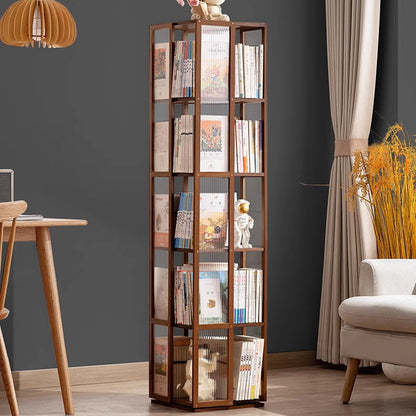 Modern Minimalist Rectangular Nanmu Bamboo Composite Board ABS Acrylic Rotating Bookshelf 4/5/6 Tier For Home & Office