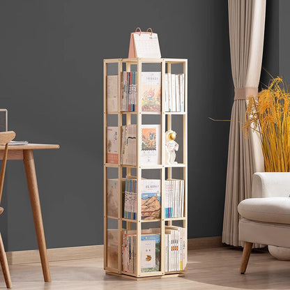 Modern Minimalist Rectangular Nanmu Bamboo Composite Board ABS Acrylic Rotating Bookshelf 4/5/6 Tier For Home & Office
