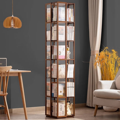 Modern Minimalist Rectangular Nanmu Bamboo Composite Board ABS Acrylic Rotating Bookshelf 4/5/6 Tier For Home & Office