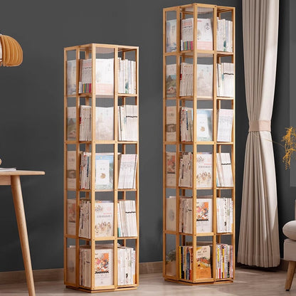 Modern Minimalist Rectangular Nanmu Bamboo Composite Board ABS Acrylic Rotating Bookshelf 4/5/6 Tier For Home & Office
