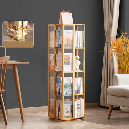 Modern Minimalist Rectangular Nanmu Bamboo Composite Board ABS Acrylic Rotating Bookshelf 4/5/6 Tier For Home & Office