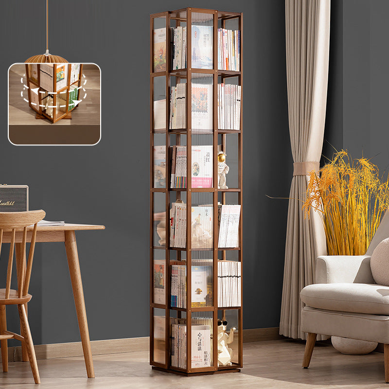 Modern Minimalist Rectangular Nanmu Bamboo Composite Board ABS Acrylic Rotating Bookshelf 4/5/6 Tier For Home & Office