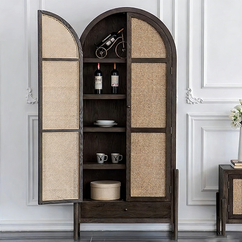 Contemporary Nordic Arch-Shaped Rectangular Solid Red Oak Natural Rattan Storage Cabinet 5-Tier For Living Room