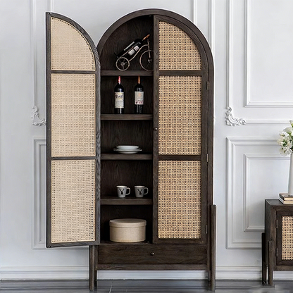 Contemporary Nordic Arch-Shaped Rectangular Solid Red Oak Natural Rattan Storage Cabinet 5-Tier For Living Room