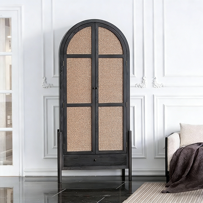 Contemporary Nordic Arch-Shaped Rectangular Solid Red Oak Natural Rattan Storage Cabinet 5-Tier For Living Room