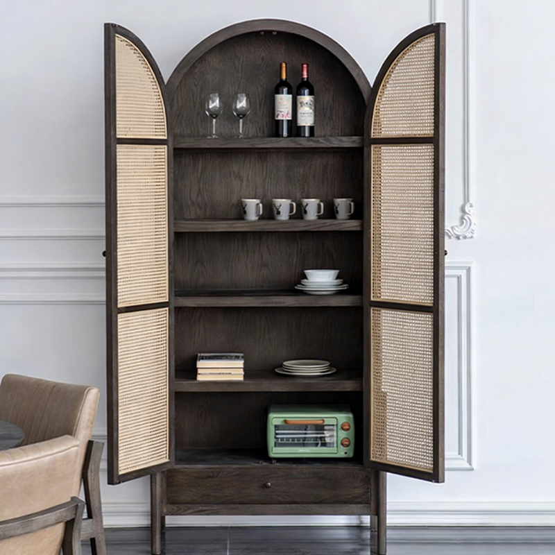 Contemporary Nordic Arch-Shaped Rectangular Solid Red Oak Natural Rattan Storage Cabinet 5-Tier For Living Room