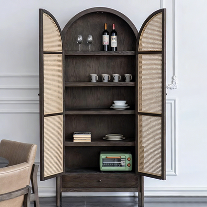 Contemporary Nordic Arch-Shaped Rectangular Solid Red Oak Natural Rattan Storage Cabinet 5-Tier For Living Room