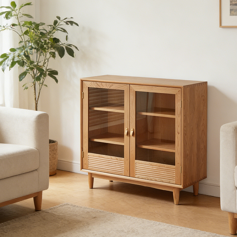 Contemporary Nordic Rectangular Solid Pine Wood Plywood Natural Rattan Tempered Glass Storage Cabinet 6-Drawer For Living Room