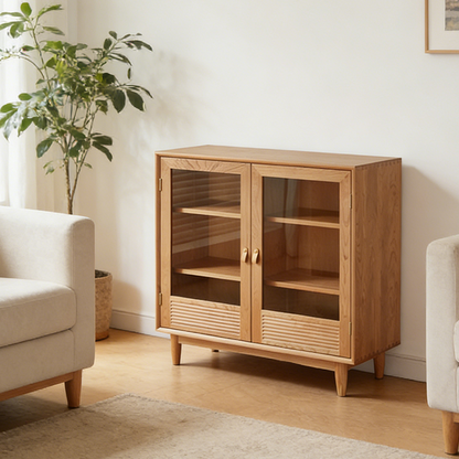 Contemporary Nordic Rectangular Solid Pine Wood Plywood Natural Rattan Tempered Glass Storage Cabinet 6-Drawer For Living Room