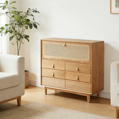Contemporary Nordic Rectangular Solid Pine Wood Plywood Natural Rattan Tempered Glass Storage Cabinet 6-Drawer For Living Room